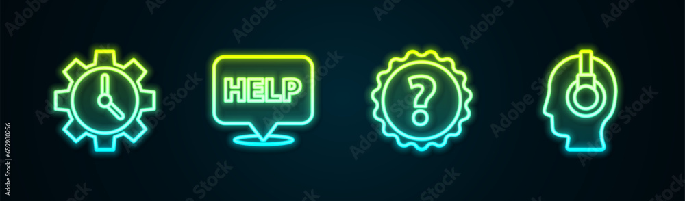 Poster set line time management, speech bubble with text help, question mark and support operator in touch.