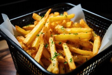 french fries in a frying basket, fresh from the fryer