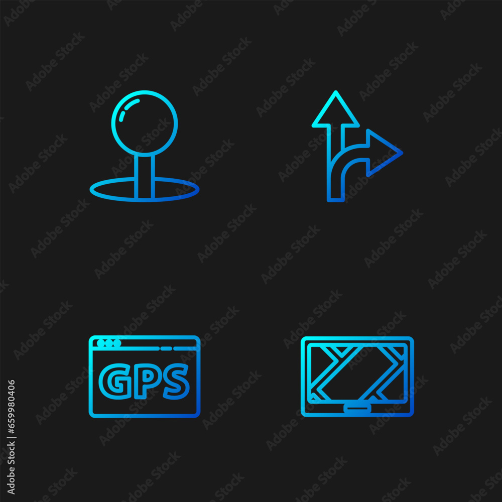 Poster set line gps device with map, , push pin and road traffic sign. gradient color icons. vector