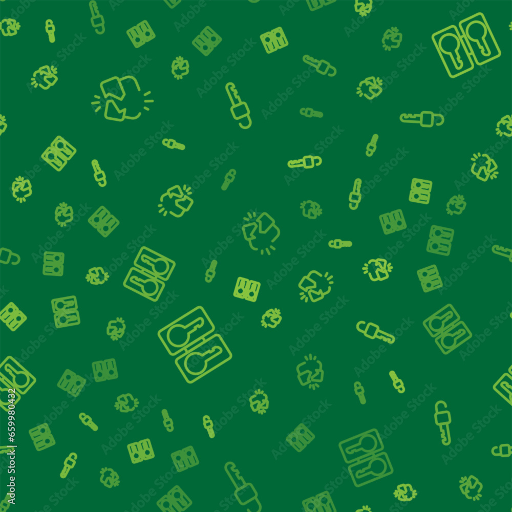 Poster set line broken or cracked lock, casting keys and unlocked on seamless pattern. vector