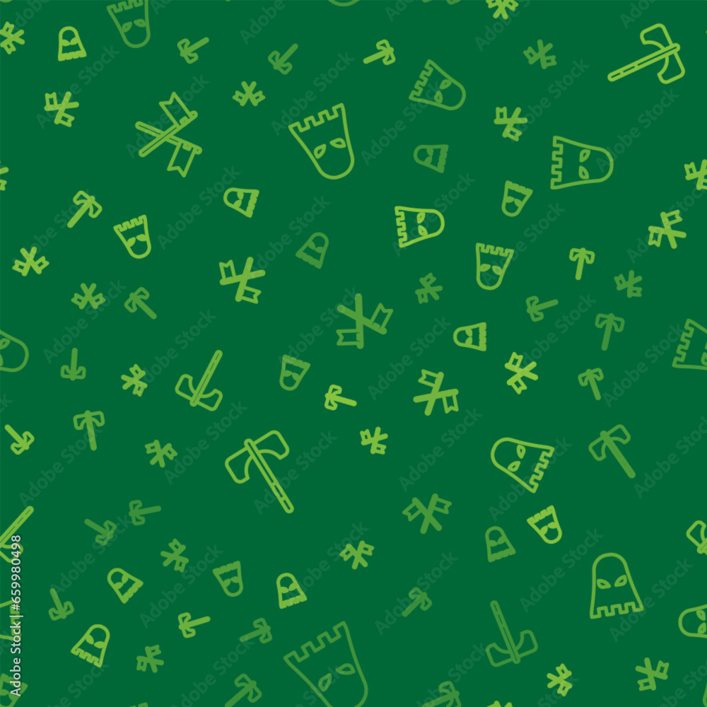 Poster set line crossed medieval flag, medieval axe and executioner mask on seamless pattern. vector