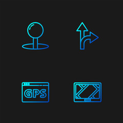 Set line Gps device with map, , Push pin and Road traffic sign. Gradient color icons. Vector