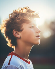 close-up portrait of a young boy with wind-blown hair and white sports jersey, bright and warm profile portrait - obrazy, fototapety, plakaty