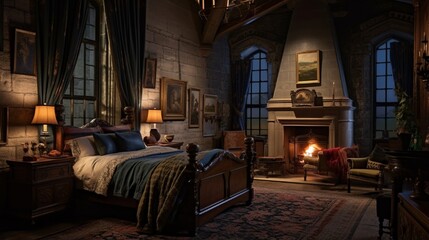 Craft a highland castle-inspired luxury bedroom with a grand four-poster bed, rich tapestries, and views of a misty moat and ancient walls.