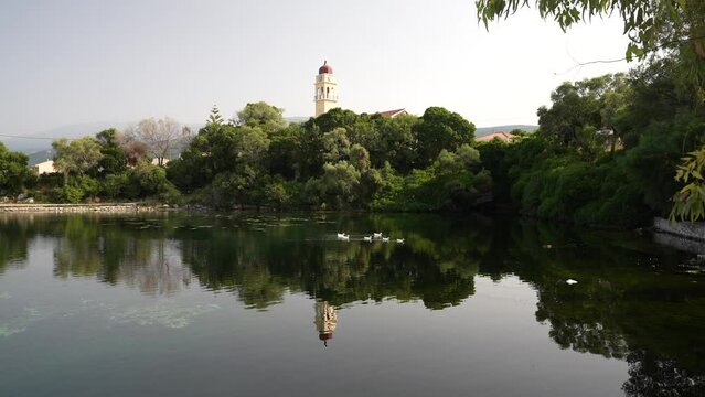 View of Karavomilos Lake and coastline at Sami, Kefalonia (Cephalonia), Ionian Islands, Greek Islands