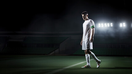 Fototapeta na wymiar soccer player with white jersey walks on the lawn of a stadium, dark composition with the player highlighted by a spotlight, negative space for your text, sport banner 
