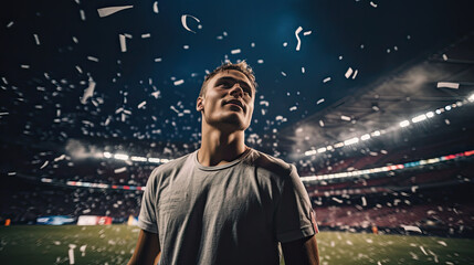 portrait of a sportsman, celebration in a stadium with confetti raining down, low angle shot, fans at the stadium an evening of victory, sport wallpaper 