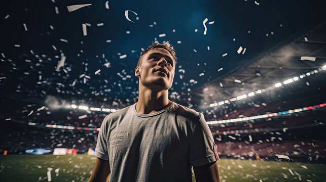portrait of a sportsman, celebration in a stadium with confetti raining down, low angle shot, fans at the stadium an evening of victory, sport wallpaper © kiddsgn