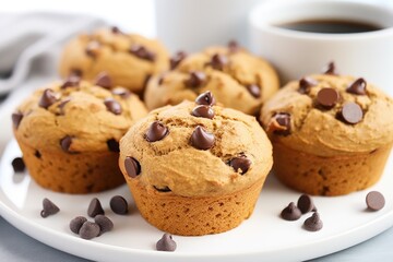 closeup of chocolate chip gluten-free muffins on a white plate - obrazy, fototapety, plakaty