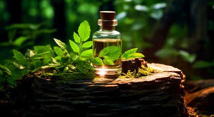 A  glass bottle with a cork stopper on a tree stump in a forest setting. The bottle is filled with a yellow liquid and is surrounded by green leaves. Peaceful and serene mood.
