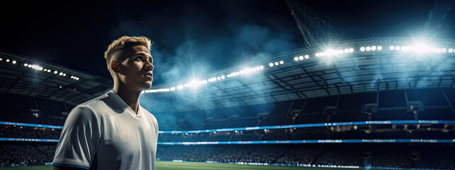 portrait of a football player in a white jersey concentrated before his match in a full football stadium, competition game at night, light in smoke, soccer banner panorama 