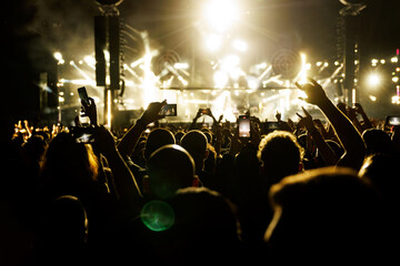 Happy people crowd with raised hands on a dance floor during a concert.