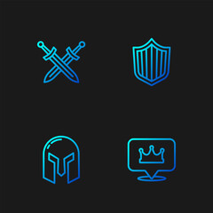 Set line Location king crown, Medieval iron helmet, Crossed medieval sword and Shield. Gradient color icons. Vector