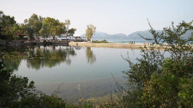 View of Karavomilos Lake and coastline at Sami, Kefalonia (Cephalonia), Ionian Islands, Greek Islands