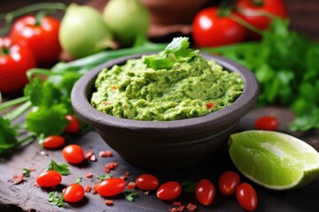 guacamole garnished with cherry tomatoes and cilantro