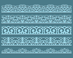 Laser cutting seamless border. Tapestry panel. Jigsaw die cut ornament. Lacy cutout silhouette stencil. Fretwork floral pattern. Vector template for paper cutting, metal and woodcut.