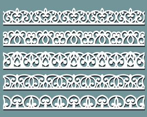 Set of lace pattern brushes. Tracery ribbons isolated on a pink background. Elements for decor scrapbooking wedding invitations and cards.