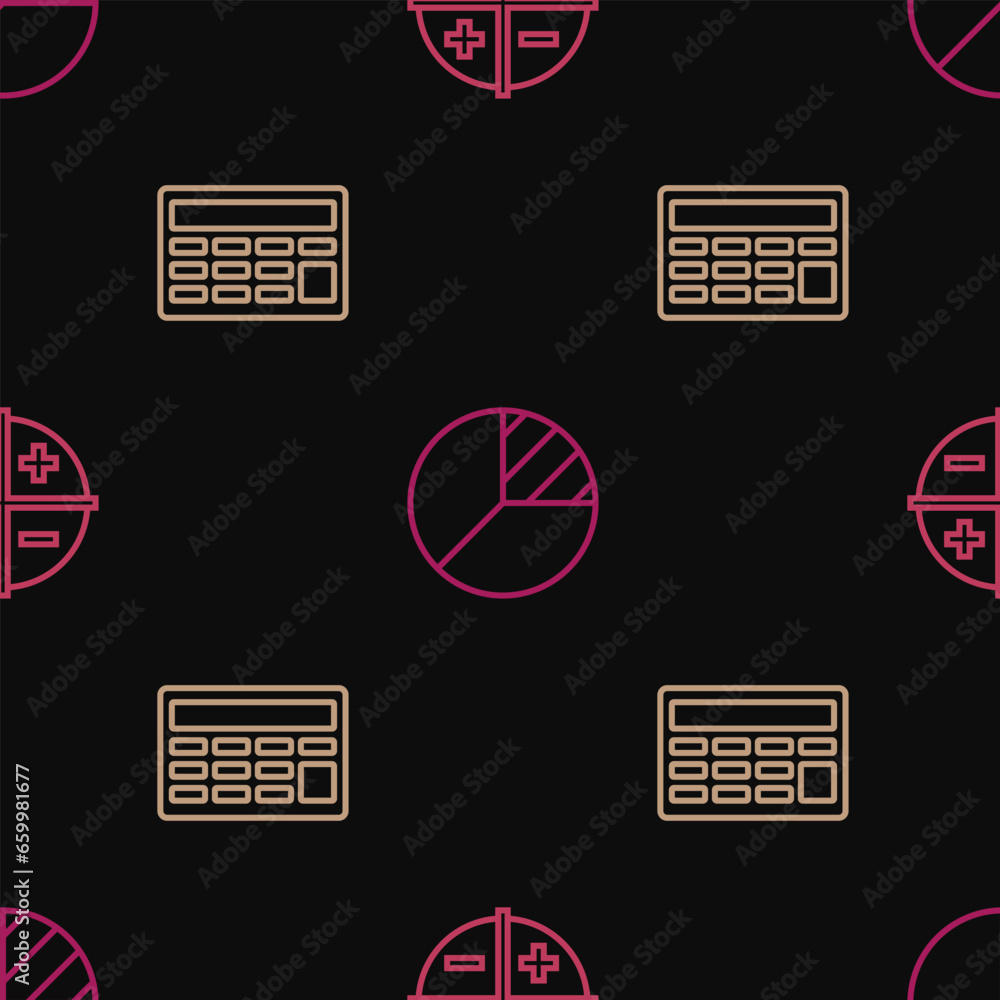 Poster set line xyz coordinate system, calculator and pie chart infographic on seamless pattern. vector