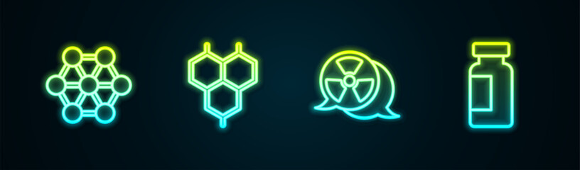 Set line Molecule, Chemical formula, Radioactive and Test tube and flask. Glowing neon icon. Vector