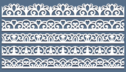 Lace pattern elements. Vintage seamless figured lace borders, beautiful wedding lace decoration. Black lace borders vector illustration set. Seamless black gorgeous stripe, delicate simple pattern