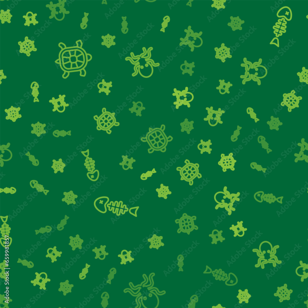 Poster set line turtle, fish skeleton and octopus on seamless pattern. vector