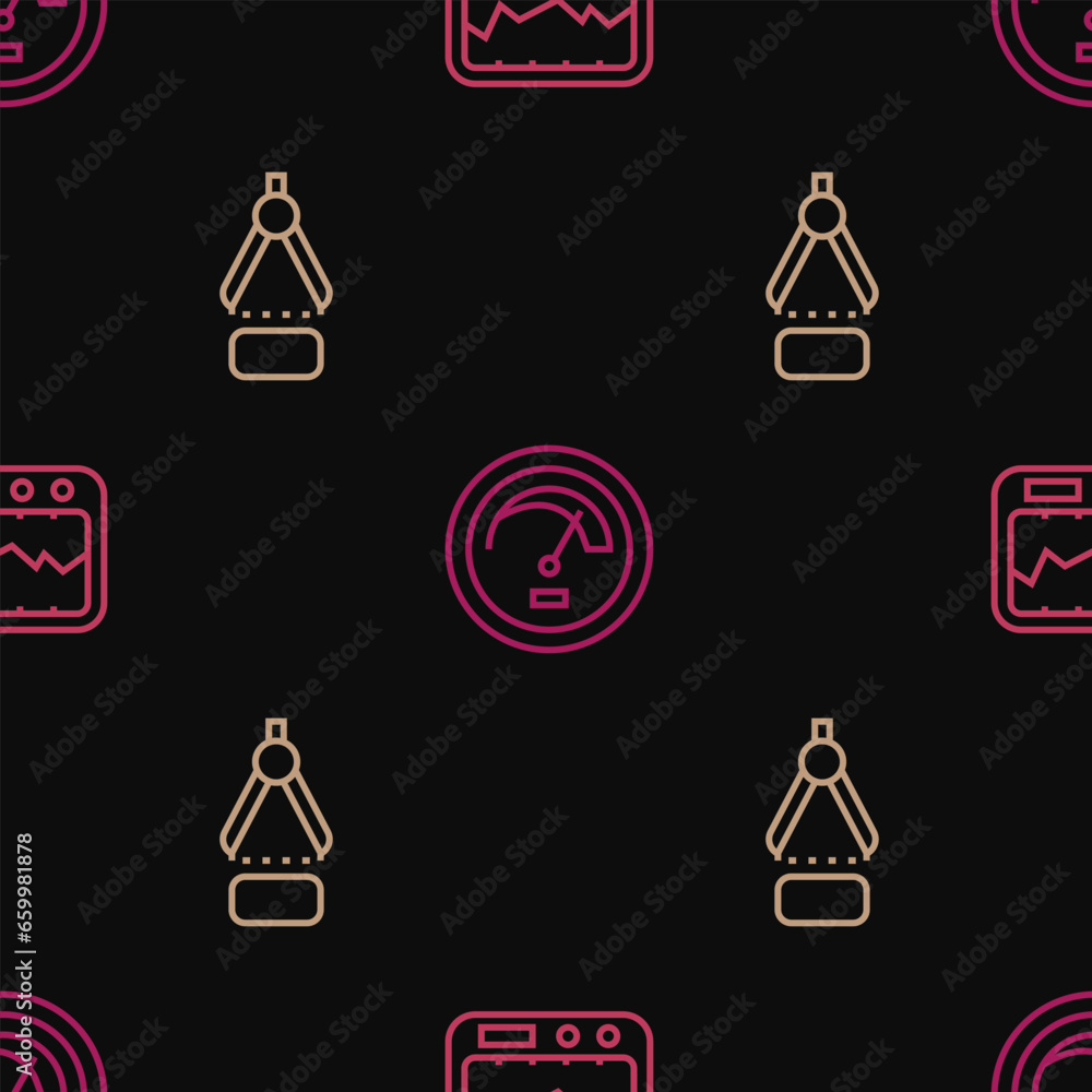 Poster set line measuring instrument, drawing compass and speedometer on seamless pattern. vector