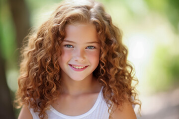 Fototapeta premium A young girl with curly hair smiling.