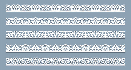 Set of lace pattern brushes. Tracery ribbons isolated on a pink background. Elements for decor scrapbooking wedding invitations and cards. - obrazy, fototapety, plakaty