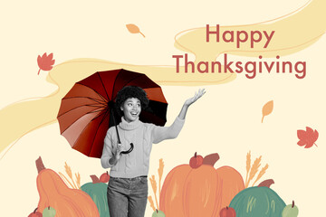 Collage picture of beautiful charming girl catching dry leaves enjoying weather thanksgiving day...