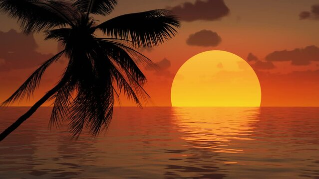 
Huge sun sunset over the sea or ocean with palm trees and clouds.
Travel, trip, tourism, vacation, relax.
