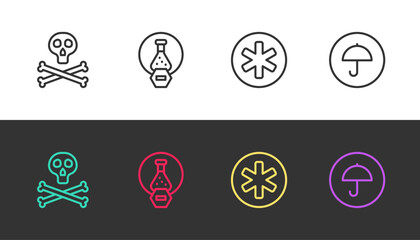 Set line Bones and skull warning, Test tube flask, Medical symbol of the Emergency and Delivery package with umbrella on black and white. Vector