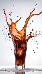 Ice cubes splash into a whiskey glass isolated on white. Brandy in a glass with ice, cola drink