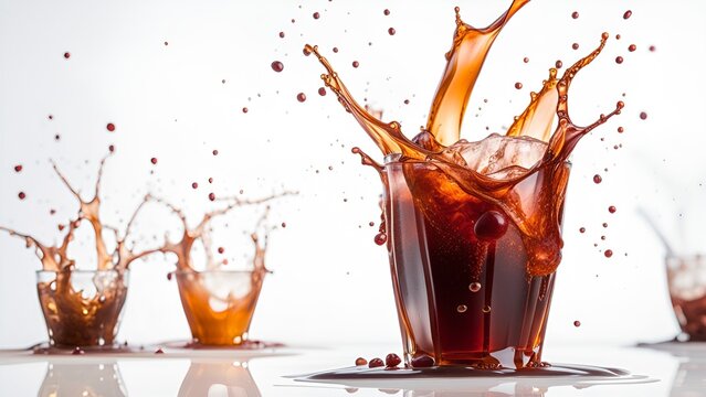 Ice cubes splash into a whiskey glass isolated on white. Brandy in a glass with ice, cola drink