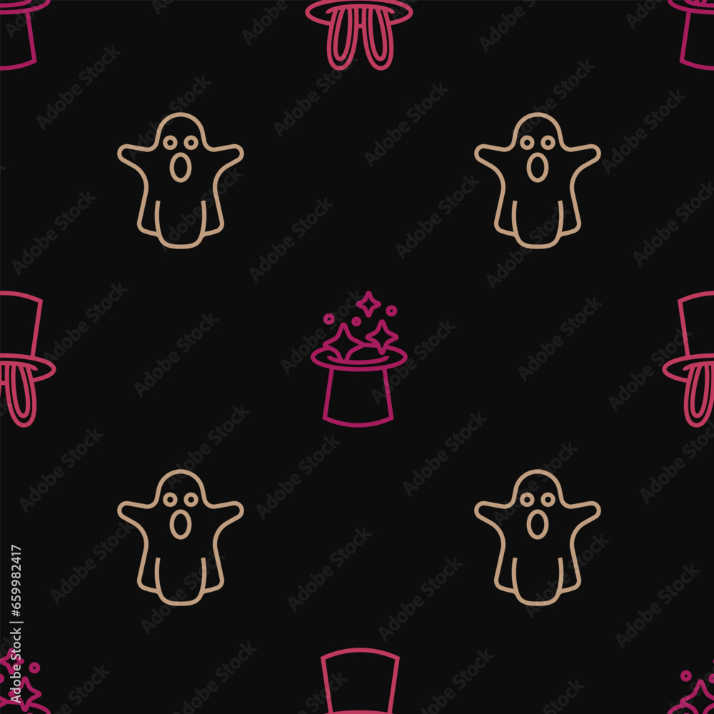 Poster set line magician hat and rabbit ears, ghost and on seamless pattern. vector