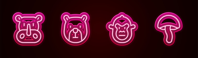 Set line Rhinoceros, Bear head, Monkey and Mushroom. Glowing neon icon. Vector