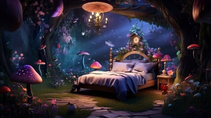 Create a magical forest-inspired girls' bedroom with a 3D background view of an enchanted woodland filled with fairies, fireflies, and whimsical creatures.