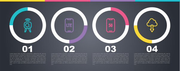 Set line Web camera, LTE network, Mobile with 5G and Cloud download. Business infographic template. Vector