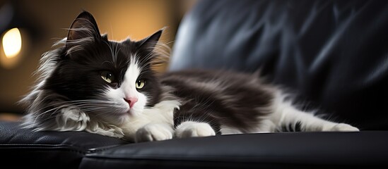 Black and white cat named Roxy relaxing on a couch with laptop book papers and coffee mug in the background