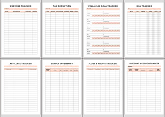 Minimalist planner pages templates.Expense Tracker,Tax Deduction,Financial Goal Tracker,Bill Tracker,Affiliate Tracker,Supply Inventory,Cost & Profit Tracker,Discount & Coupon Tracker,