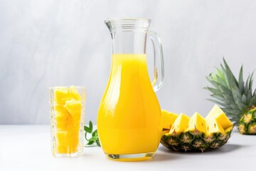 a smoothie in a carafe with mango and pineapple slices on the side