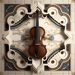 full portrait of porcelain violin and bow on porcelain floor symmetrical intricate details 