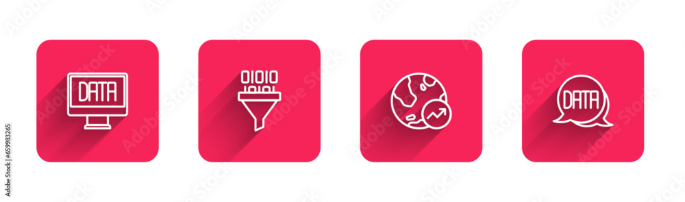 Poster set line data analysis, binary code, financial growth and with long shadow. red square button. vecto