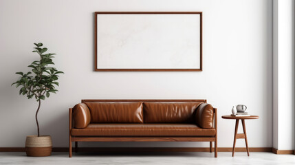 modern living room.brown leather sofa, large white poster on the wall