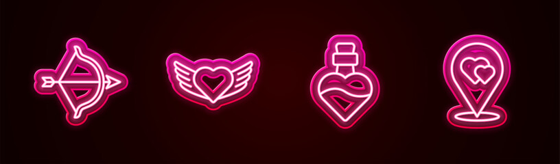 Set line Bow and arrow, Heart with wings, Bottle love potion and Location heart. Glowing neon icon. Vector