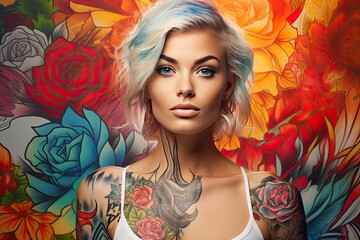 Woman portrait with tattoo on shoulder standing on city street. Beautiful tattooed woman is posing...