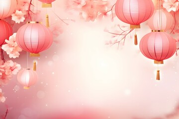 pink chinese lanterns on bokeh background - obrazy, fototapety, plakaty