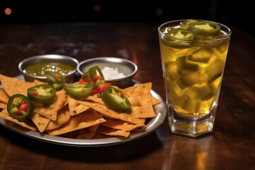 nachos garnished with diced jalapenos and paired with a cold drink