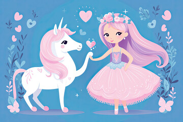 Beautiful cute little princess girl with unicorn. Watercolor illustration