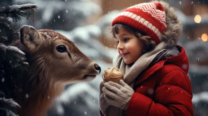 Poster A little boy in a red scarf hugs a small reindeeron, deer the background of Christmas trees.  © marimalina