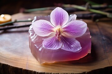 a handmade soap with an embedded orchid flower, displayed on a wooden table